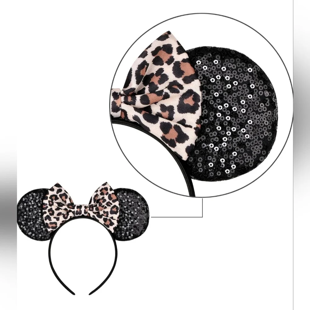 🍎New Leopard Print Bow Black Sequin Mickey & Minnie Mouse Ears Headband Disney